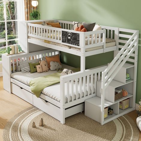 Modernluxe – Lit superposé 90x200 cm + 140x200 cm en bois de pin – 2 tiroirs et bibliothèque intégrés – Escalier de rangement sécurisé – Blanc (1/5)