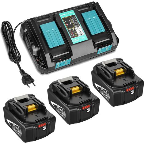Powerwings – Pack de 3 batteries 18V 5,0Ah BL1850B + chargeur double DC18RD pour outils Makita – Technologie Li-ion – Affichage LED de capacité
