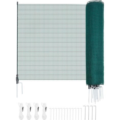 Mophorn Valla para pollos y perros, 1,2 m x 20 m, red de protección para jardines y huertos, con postes y estacas de doble punta, malla plástica de seguridad para animales y plantas, color verde (1/5)