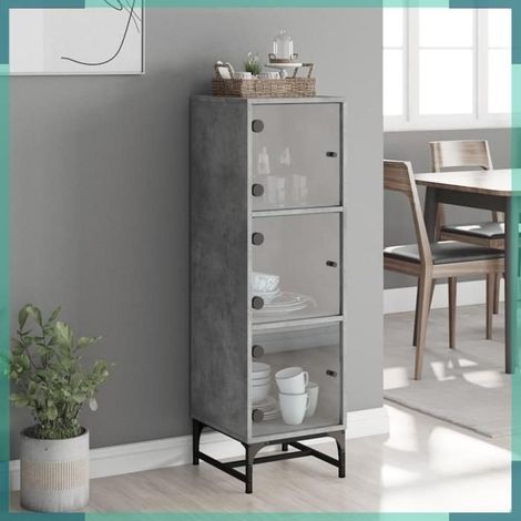 836563 Buffet avec portes en verre gris béton 35x37x120 cm (1/5)