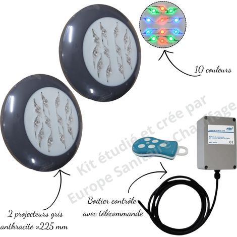 Kit 2 projecteurs couleur Easyled Evo gris foncé + télécommande avec boitier pour piscine Béton, Panneau, Liner,Coque Weltico (1/5)