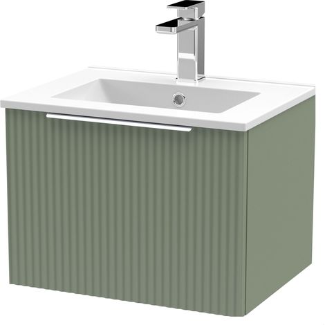 Tixall Fluted 1 Drawer Wall Hung Vanity Unit with Minimalist Basin, Satin Green, 500mm