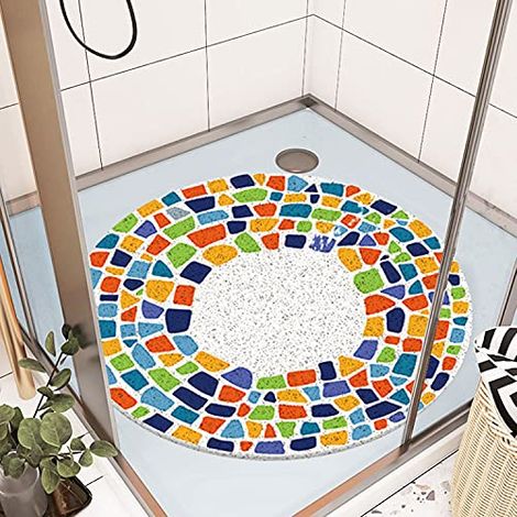 Tapis de Douche antidérapant 60 x 60 cm, Tapis de Bain de Sécurité Confort Doux avec Trous de Drainage, Tapis de Douche de Massage en PVC Luffa pour Zones Humides, Séchage Rapide, Impression Numérique (1/4)