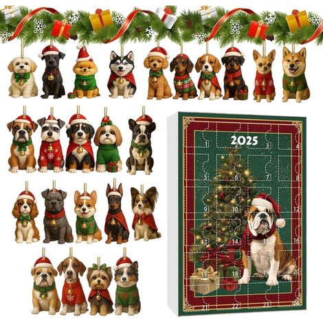 Calendrier de l'Avent – Pendentif en acrylique 2D en forme de chien – 24 jours de décoration de sapin de Noël pour arbre, maison, vacances, fenêtre, porte, mur (1/5)