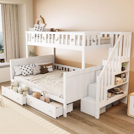 Lit enfant 90200/140200 cm, lit superposé en bois massif avec escalier de sécurité, deux grands tiroirs et sommier à lattes, blanc (1/5)