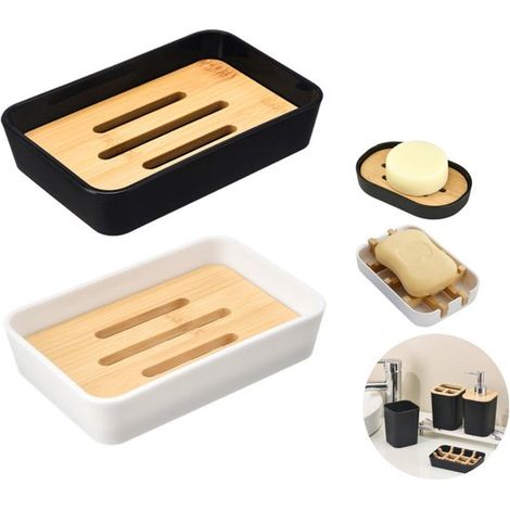Juego de 2 jaboneras, Jaboneras de bambú, Incluye bandeja antigoteo, Diseño autodrenante, Aptas para duchas, baños, cocinas, bañeras y lavabos (1/5)
