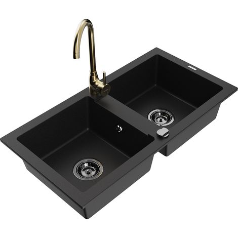 Mexen Mario 2-Becken-Granitspüle mit Mischbatterie Telma, Schwarz - 6504-77-670200-50-B