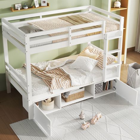 Lit superposé 90x200cm avec rangements intégrés bois et MDF séparable en 2 lits blanc (Sans matelas) (1/5)