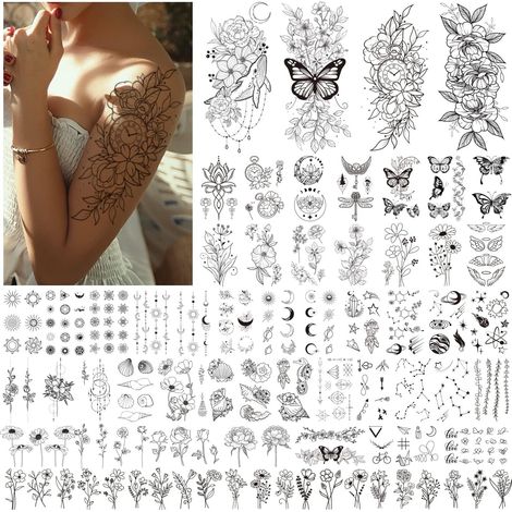 61 Feuilles Tatouages Temporaires, Fleurs, Papillons, Ailes Coquillage, Faux Tatouages Noirs pour Femmes et Filles, Tatouage Ephemere 3D Imperméables pour Enfants et Adultes (1/5)