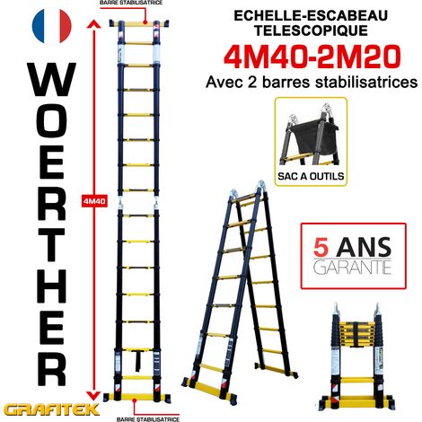 Echelle-escbeau télescopique 4m40/2m20 Woerther avec barre stabilisatrice - Avec sac porte outils - Charge maximal 150Kg - Garantie 5 ans (1/3)