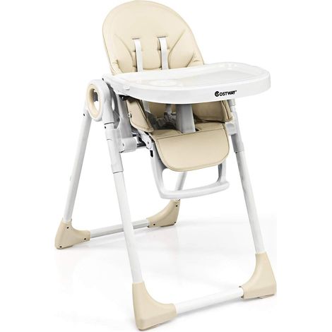 Costway – Chaise haute bébé évolutive pliable 2 en 1 – Hauteur réglable 7 positions – Ceinture de sécurité 5 points – Facile à nettoyer – Charge 20kg – Beige (1/5)