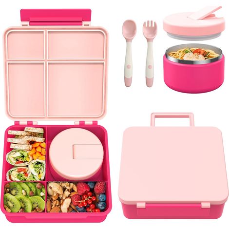Lunch Box Enfant Set avec 300ml Boite Isotherme Repas Chaud, Anti-Fuite Bento Box Enfant Adulte avec 4 Compartiments et Couverts, Boîte à Lunch sans BPA pour Enfants, École, Excursions, Rose (1/5)