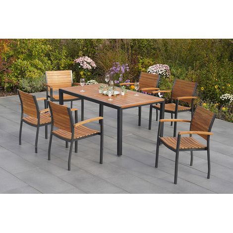 Santorin Set 7tlg 6 Sessel Tisch 150x90cm Alu/Akazie