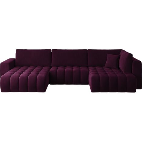 Les Tendances – Canapé d'angle panoramique 5 places en velours capitonné – Méridienne à gauche – Largeur 350 cm – Surface de couchage 120 x 296 cm – Bordeaux (1/5)