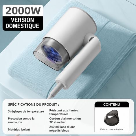 Sèche-cheveux pliable ionique 2000W blanc avec concentrateur d'air blanc 2000w 6,5 × 12 × 24 cm 500 g – Livraison gratuite