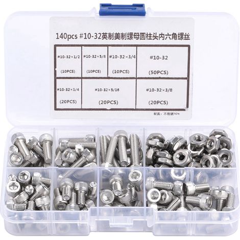 140pcs 10-32 Hex Boulons Inox Tête Hexagonale Kit Assortiment - Boulons Vis à Tête Hexagonale Creuse En Acier Inoxydable 304 - Variété de Tailles (1/5)