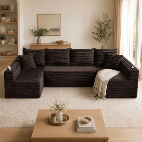 Sofá modular en U 320x155x88 cm de pana acanalada, marrón, con portavasos HAVRYA (1/5)