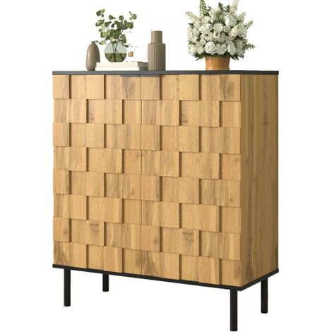 Armoire à chaussures 2 portes en panneaux de particules avec imitation bois, étagères réglables en hauteur, pieds métalliques, pour entrée ou couloir