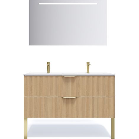 Meuble de salle de bain suspendu double vasque intégrée 120cm 2 tiroirs Chêne cannelé + miroir - Venice (1/5)