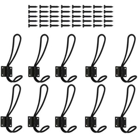 Packung mit 10 rostfarbenen Eingangshaken – schwarze Wandhaken mit 40 Metallschrauben, Vintage-Doppelhaken (1/4)