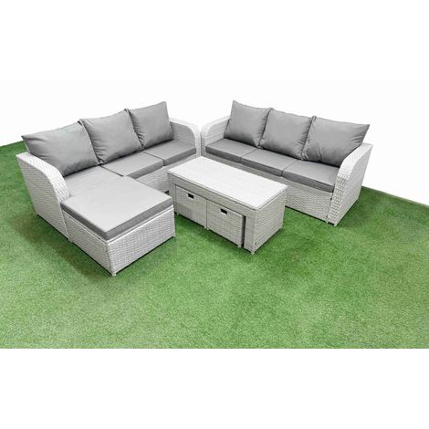 Fimous Outdoor Garden Furniture Sets 9 Seater Wicker Rattan Furniture Sofa Sets with Oblong Coffee Table high Back Lounge Sofa 3 Stools Light Grey (1/4)
