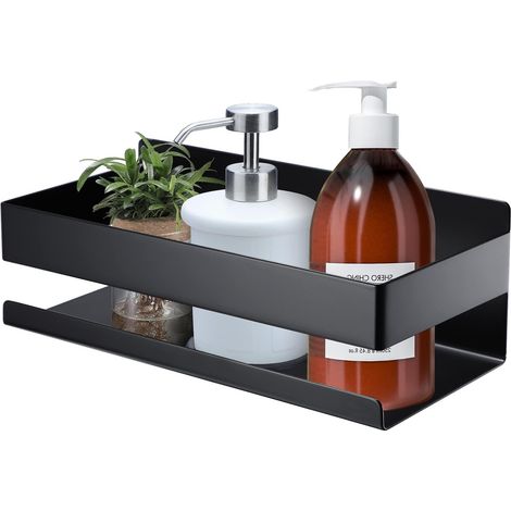 Étagère de salle de bain adhésive, organisateur de douche, panier de douche en acier inoxydable, porte-shampoing (noir) (1/5)