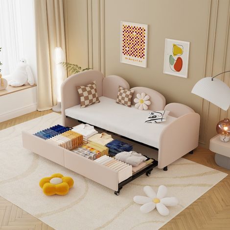 Tagesbett 90x200 Kinderbett in Blumenform mit Schublade, Samt Sofabett mit Rausfallschutz und Massivholzrahmen, Polsterbett mit Stauraum (1/5)