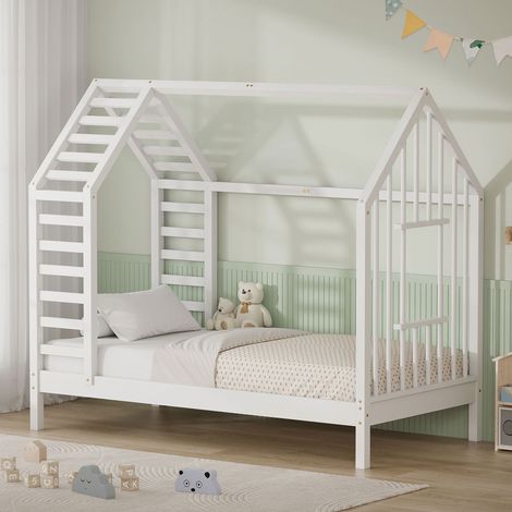 ML-Design Cama infantil 80x160cm forma de casita con somier, madera de pino estructura de listones, techo y ventana, lecho montessori para niños y niños, hasta 90 kg, fácil montaje, blanco (1/5)