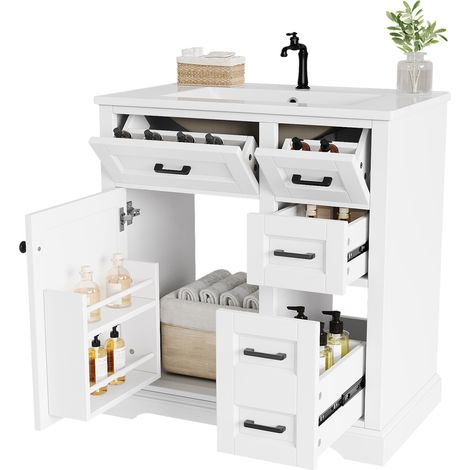 CHICFURN Mueble bajo lavabo 76x47x82 cm de MDF y cerámica blanca con almacenaje y cierre suave (1/5)