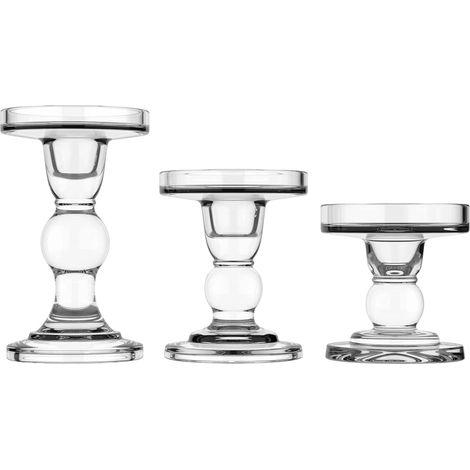 Bougeoir en Verre [Lot de 3], Support de Chandelle Bougie Transparent, Chandelier Crystal avec Base Ronde, Ornement Décoration de Table Style Américain pour Fête Maison Mariage - Clair (1/5)