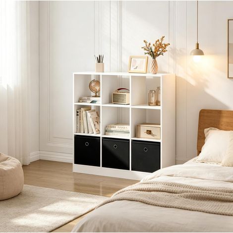 Estantería cubo de 9 huecos con 3 cajones de tela, 80 x 86,5 x 30 cm, blanco y negro OKWISH (1/5)