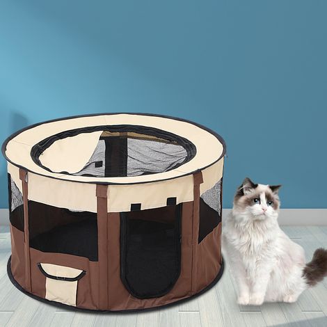 Parc portable pliable pour animaux de compagnie, tente de jeu, enclos d'exercice pour animaux de compagnie, intérieur et extérieur - blanc et marron (1/3)