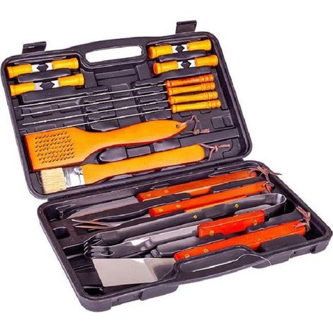 TrAdE Shop Traesio - Set Barbecue 18 Pezzi Con Valigetta Bbq Grill Acciaio Inox Manico Legno 6498010 - (1/5)