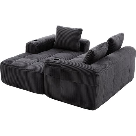 Canapé compact en velours côtelé gris foncé avec côté modulable, poche latérale et porte-gobelet (1/5)