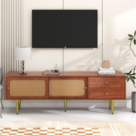 Mobile TV 160x40x60 cm noce in MDF con ante scorrevoli effetto rattan e 2 cassetti (1/5)