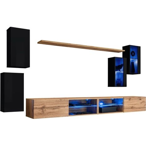Conjunto de muebles de salón SWITCH XXV – LED – Negro y Roble – Diseño suspendido