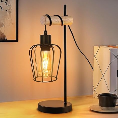 GBLY Lampada da tavolo Salotto Legno Vintage Lampada da comodino nera a 1 luce design industriale in metallo, presa E27 Lampada da comodino retro per camera da letto hotel – senza lampada (1/5)
