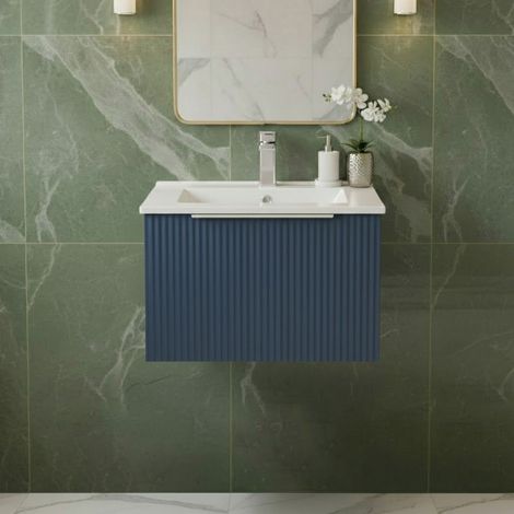 Hudson Reed Fluted Wall Hung 1-Drawer Vanity Unit with Basin 2 500mm Wide - Satin Blue