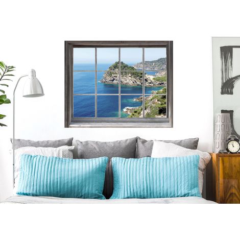 Sticker décoratif, trompe l'oeil fenêtre avec vue sur paysage mer du sud, 68 cm X 48 cm (1/5)