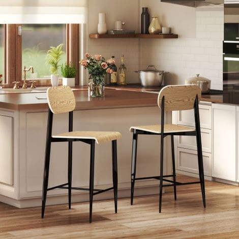 Lot de 2 tabourets de bar avec repose-pieds — Structure en métal, hauteur d'assise de 66 cm  Convient également comme chaises de cuisine  Montage facile  Design de style industriel  Finition bois natu