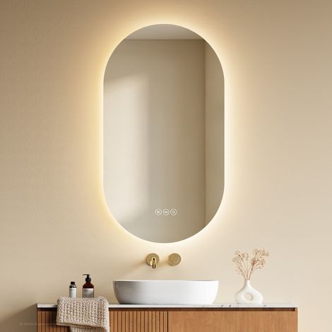EMKE LED Badezimmerspiegel 90 x 50 cm in ovaler Kapselform, Badspiegel mit Beleuchtung, Antibeschlag, Dimmbar, 3 Lichtfarben (1/5)