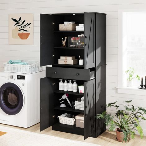 Optimisez Votre Espace avec ce Meuble Buffet de Cuisine Haut 183cm 4 Portes de Grange Étagères Réglables et Tiroir Noir (1/5)