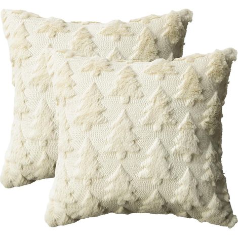 Lot de 2 Housses de Coussin Beige à Motif Sapin de Noël, 18 x 18 Pouces, Housse de Coussin Douce en Fausse Fourrure Jacquard pour Décoration d'Hiver et de Fêtes, Convient pour Canapé (1/4)