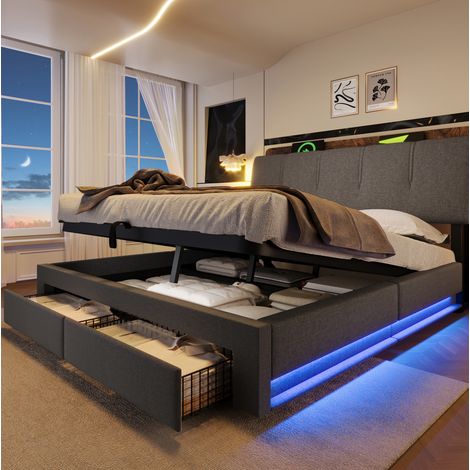 Letto imbottito moderno in lino grigio 140x200 cm con testiera contenitore, USB/Type-C, LED e vano letto idraulico
