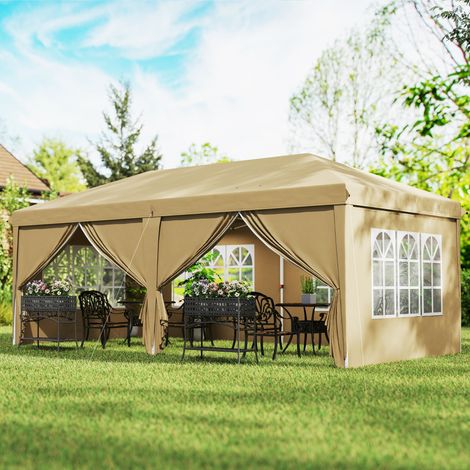 Gazebo/tenda pieghevole impermeabile, 6 x 3 x 2,7 m, 4 pannelli laterali rimovibili, 4 finestre, borsa per il trasporto color kaki.