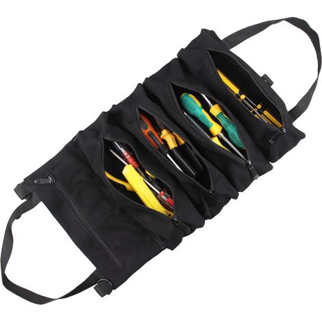 Sac à outils en toile noire, multifonctionnel avec 5 poches, résistant à l'usure, idéal pour la maison, la menuiserie et les électriciens. (1/4)