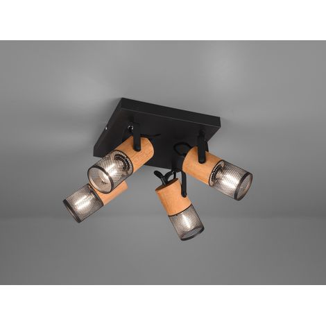 Deckenstrahler TOSH 4-flammig, Schwarz mit Holz, Quadrat 22cm