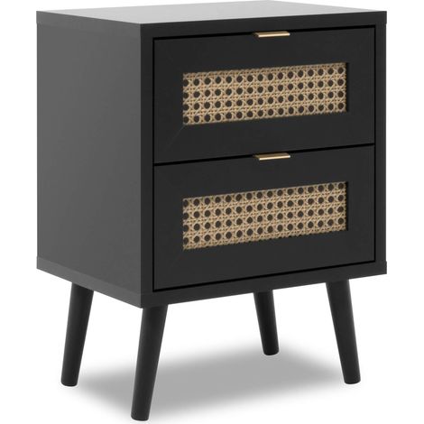 Chevet 2 tiroirs en bois noir impression cannage - CH7072 (1/3)