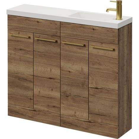 Napoli 250 Tobacco Oak 1000mm 4 Door Vanity Unit with Round Silvo Basin - 1000mm - Brushed Brass 160mm Handle