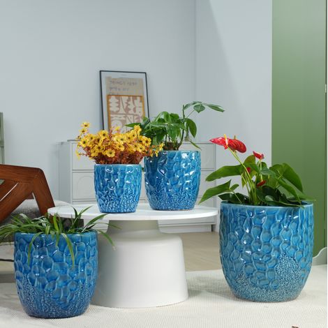 Blauer Keramik-Blumentopf Ø38 cm mit Drainage für große Zimmerpflanzen – MEUBLIV (1/5)